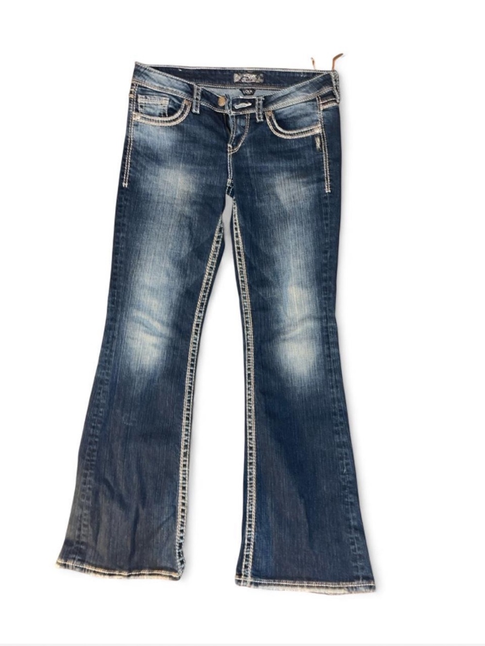 Silver Jeans Distressed Dark Blue Flared Jeans